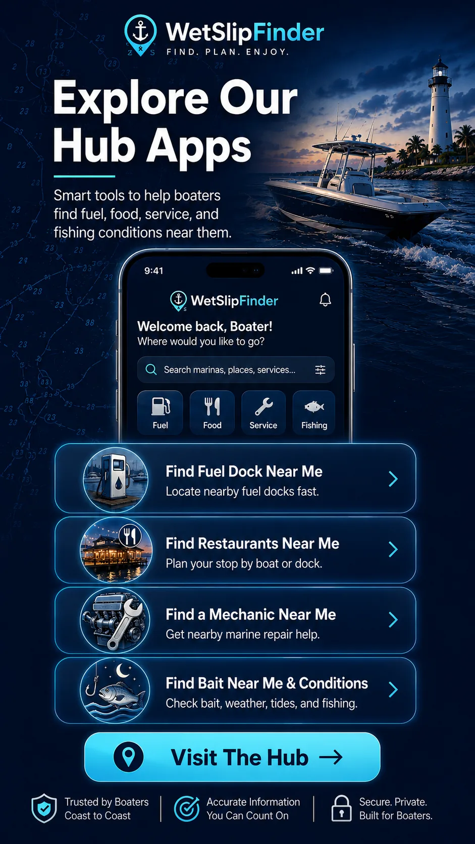 Explore Our Hub Apps — find fuel docks, restaurants, mechanics, and bait & fishing conditions near you