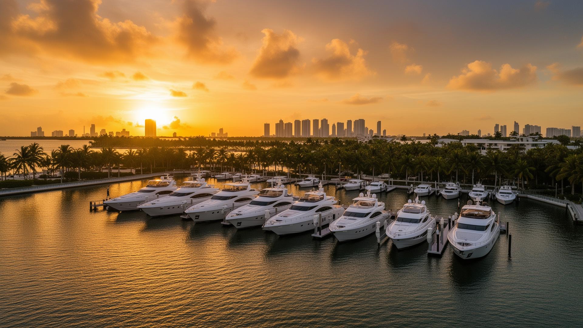 Harbor Pointe Marina at sunset with yachts and the Miami skyline