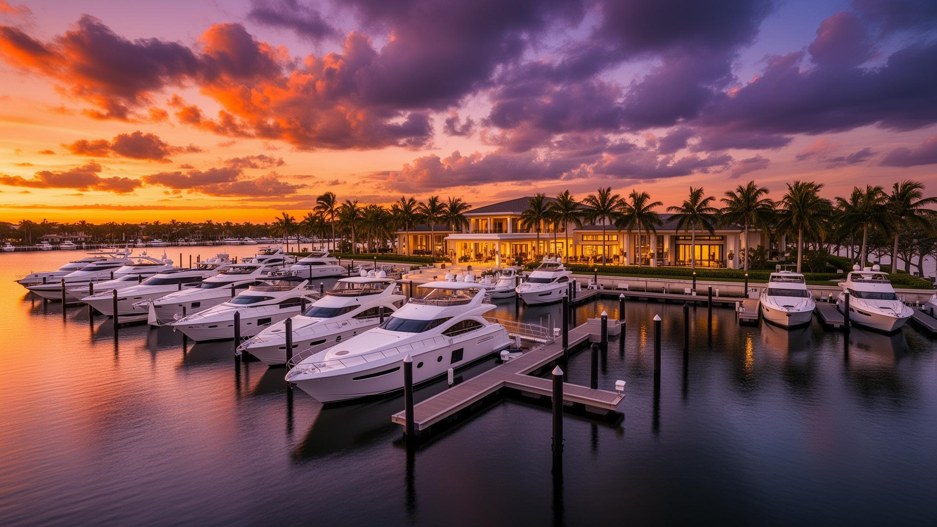 Premium marina with yachts at sunset — feature your marina
